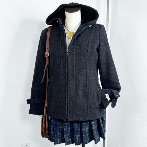 Wool Cashmere Blend Pea Coat Hood Gray Size Medium Petite Dark Academia Preppy - Picture 3 of 8